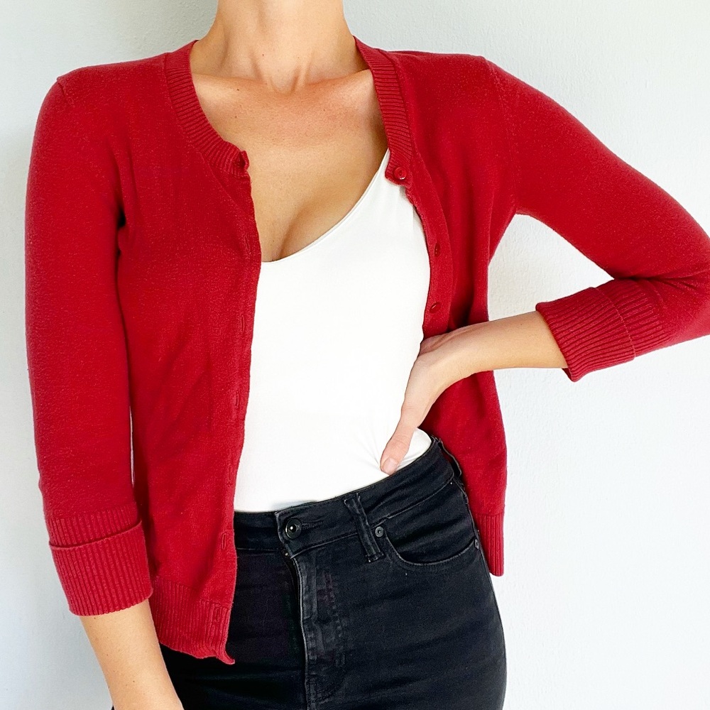 GAP red knit cotton crewneck button up cardigan sweater size XS